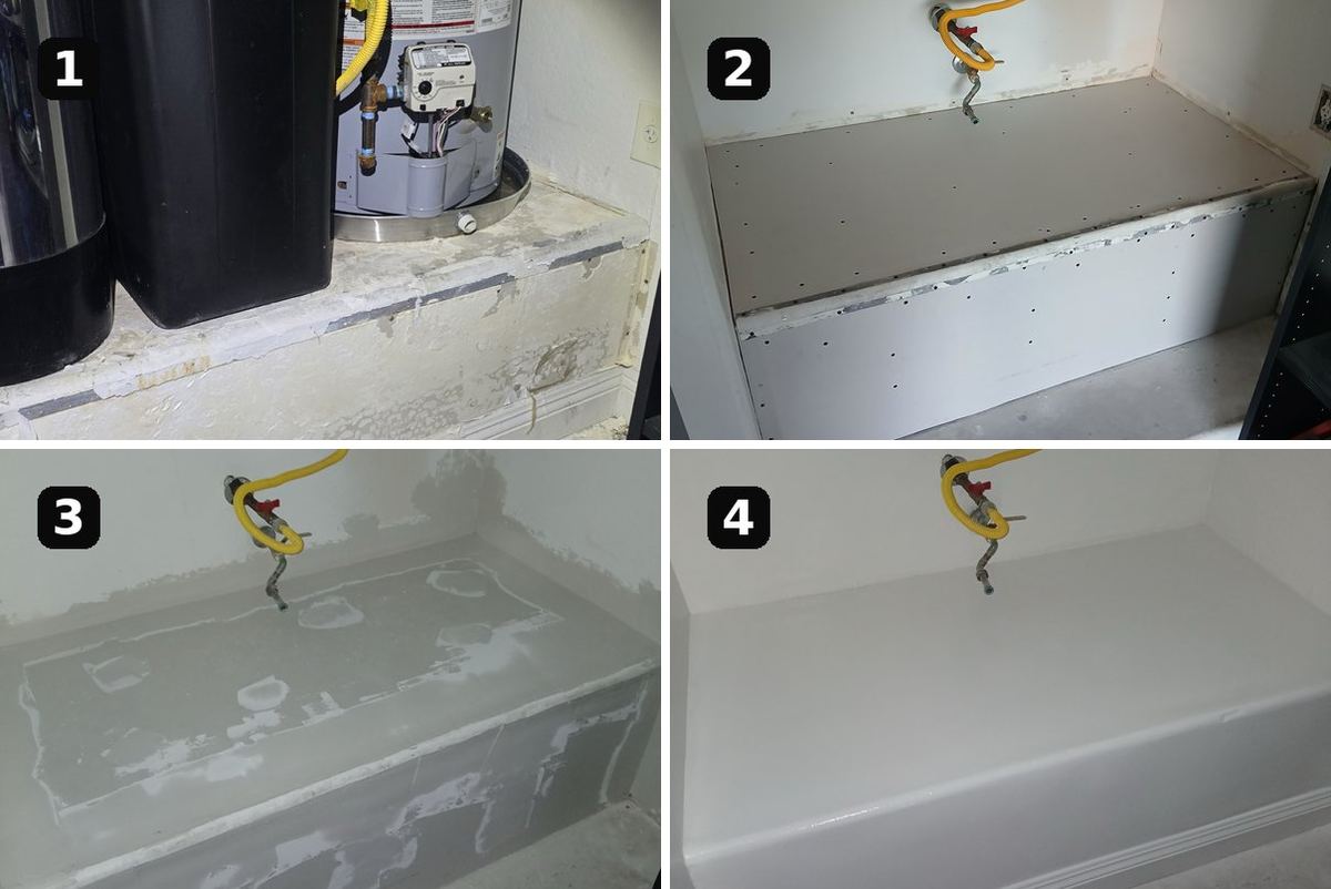 Four-step progression: water-damaged water heater platform rebuilt with new drywall, mudded smooth, and finished with paint